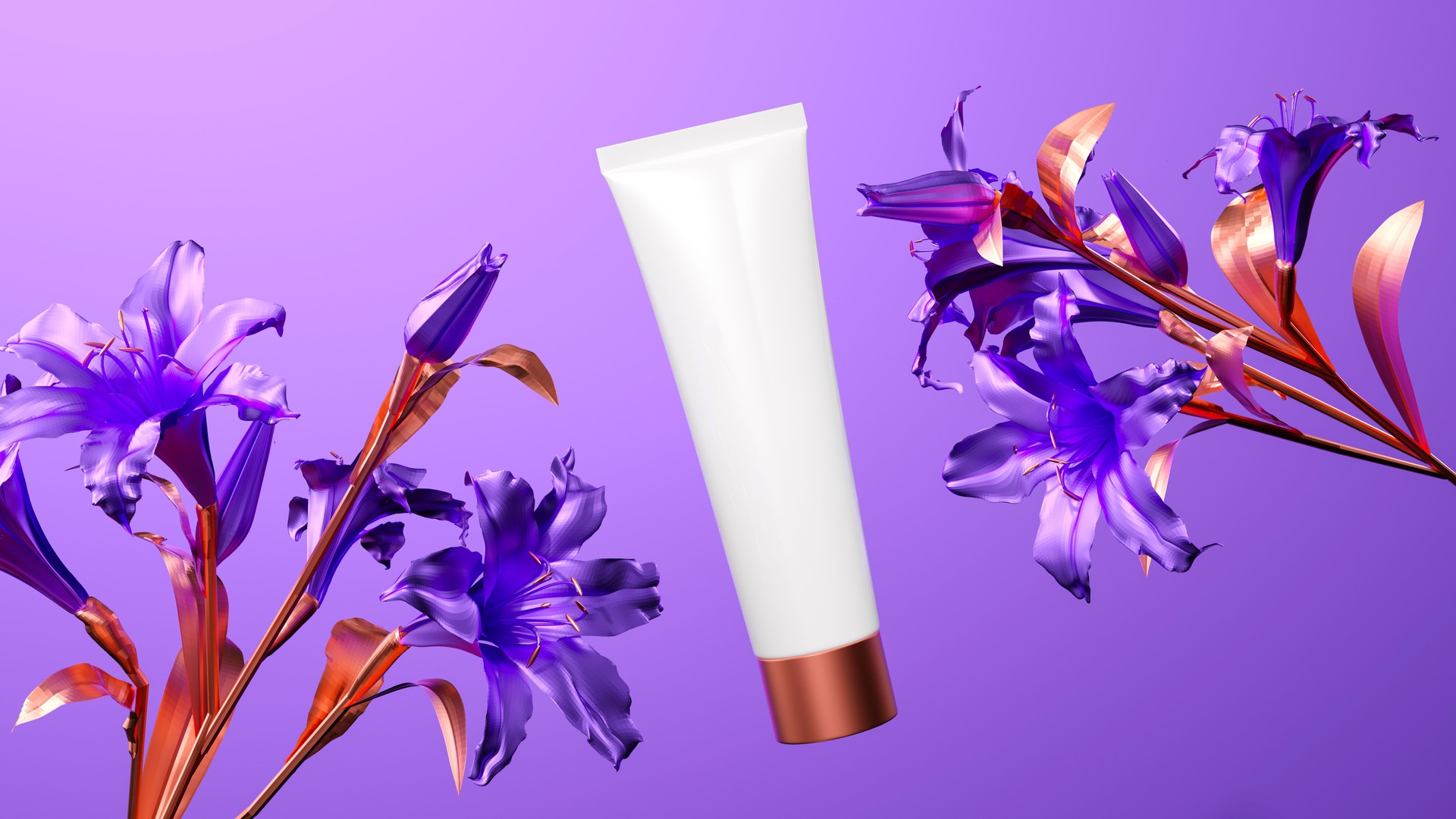 White Bottle Beauty Ad
Purple floral design, white tube with copper base, lavender background, vibrant lilies, luxury skincare, floating composition, high contrast, 3D render.